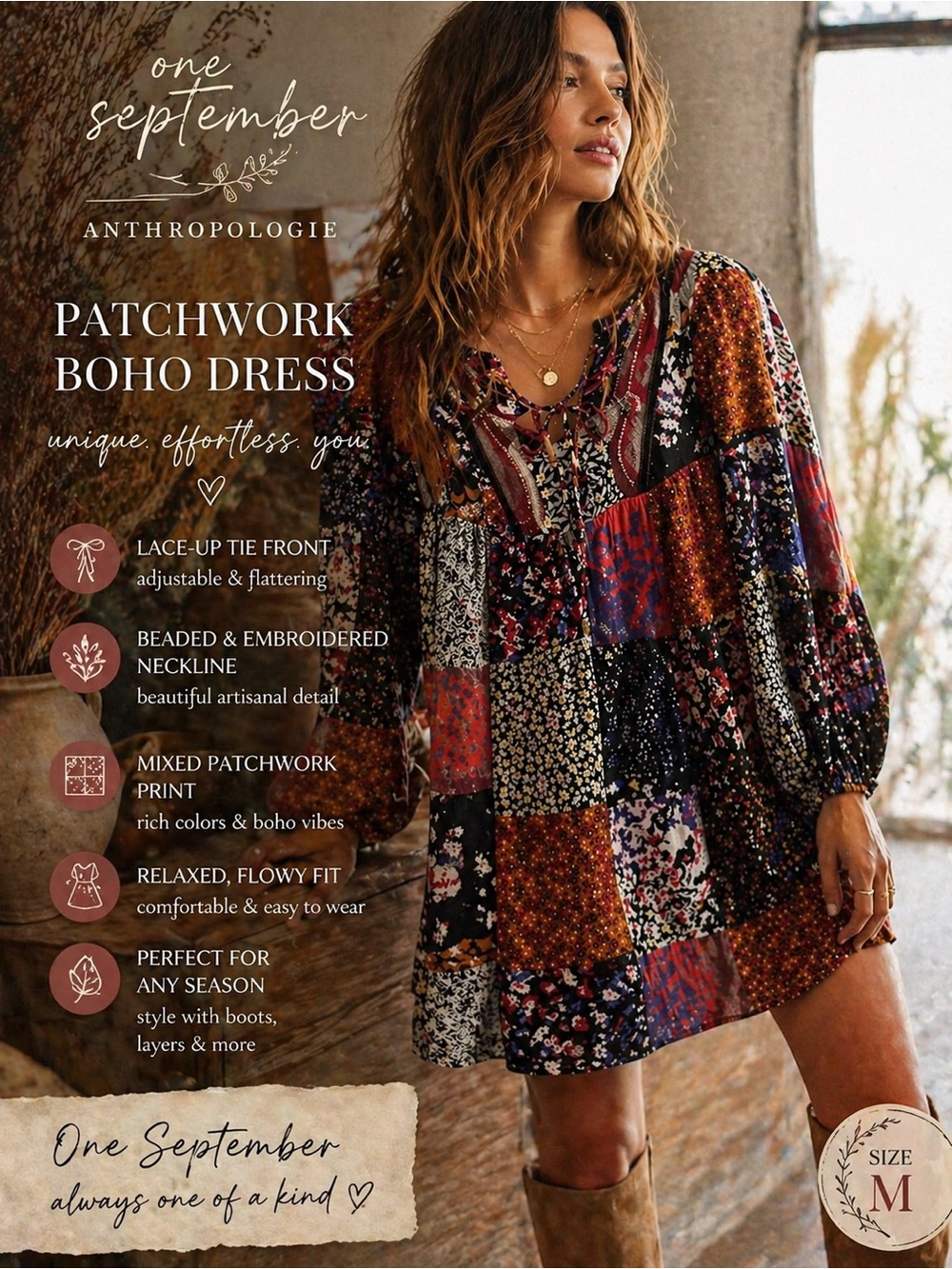 Anthro One September Beaded Embroidered Lace Up Patchwork Boho Dress M